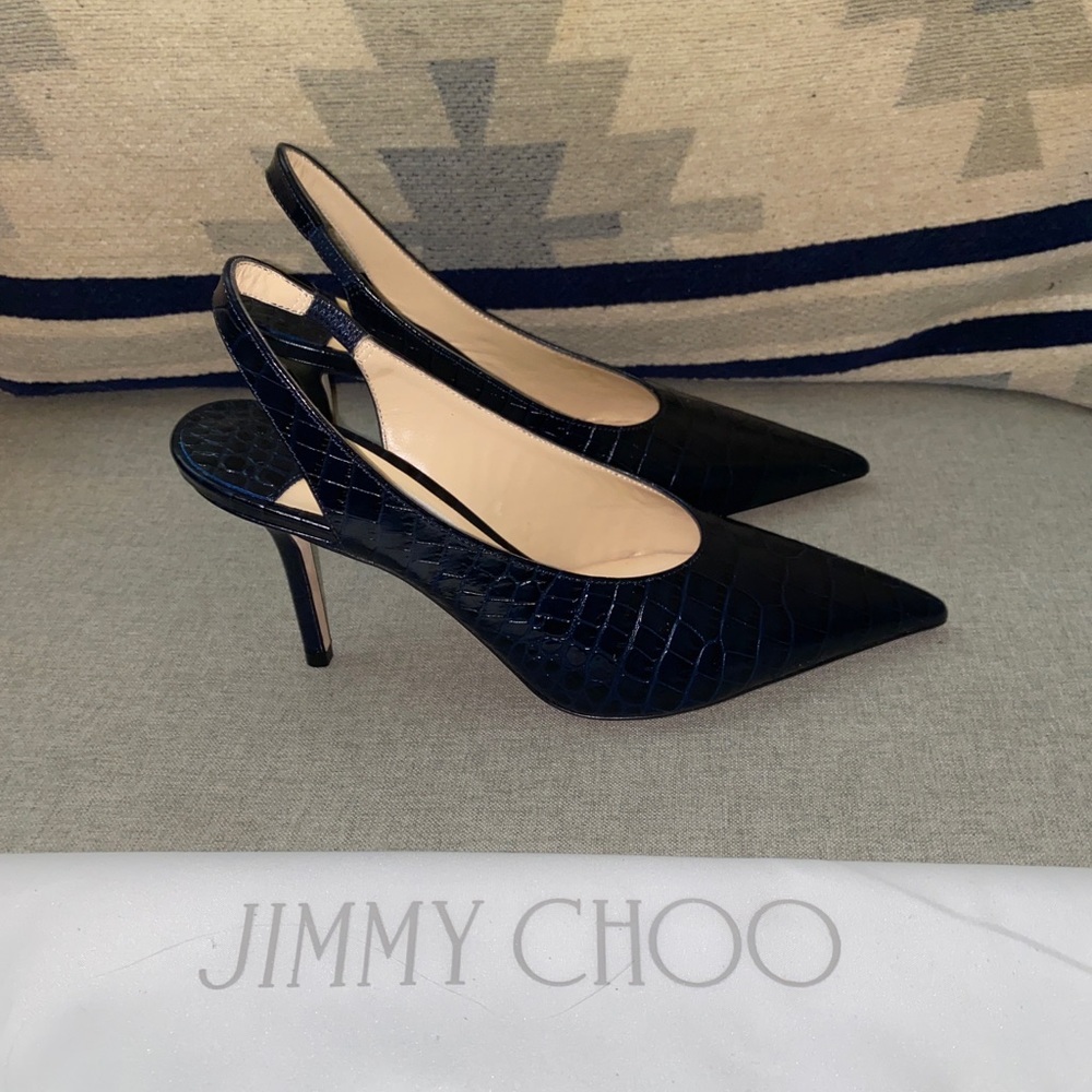 Jimmy Choo Ivy 85 Navy croc embossed leather slingback pumps NWT sz 5/35 - Picture 11 of 12